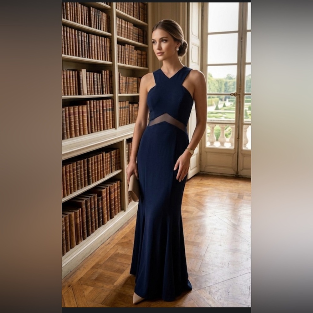 MIGNON chevron mesh cutout gown Navy mermaid maxi formal dress 10